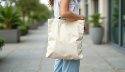 Young girl carried a cotton tote bag while outdoors.