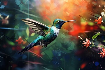 Fototapeta premium Colorful hummingbird with iridescent feathers flying near vibrant fantasy flowers