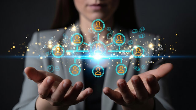 Global Human Resources Management and Digital Network Connection: Professional woman holding glowing holographic visualization of interconnected staff icons in a dark, futuristic environment, symboliz - Powered by Adobe