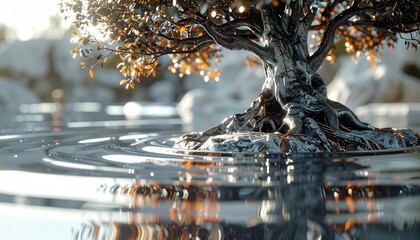 Majestic ancient tree with gnarled roots emerging from serene reflective water