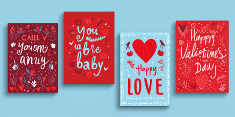 Colorful valentine's day greeting cards set with hearts and love messages