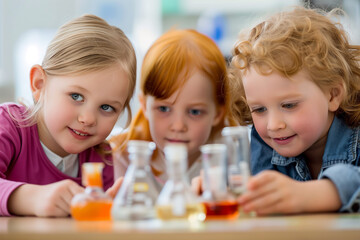Three little girls are looking at a table full of beakers and test tubes