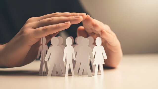 Family protection and social insurance concepts. Community support and life safety. Hands sheltering paper people cutouts on a table under warm light