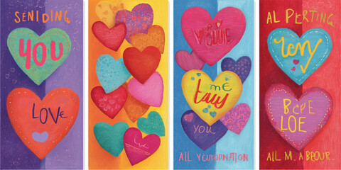 Creative concept of Happy Valentines Day cards set. Modern abstract art design with hearts and geometric shapes. Templates for celebration, ads, branding, banner, cover, label, poster, sales