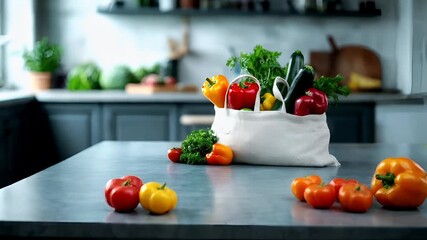 Organic food. Healthy quality lifestyle. A closeup shot of a grocery bag filled with fresh vegetables. The bag is white and appears to be made of a sturdy material, possibly cotton or linen.