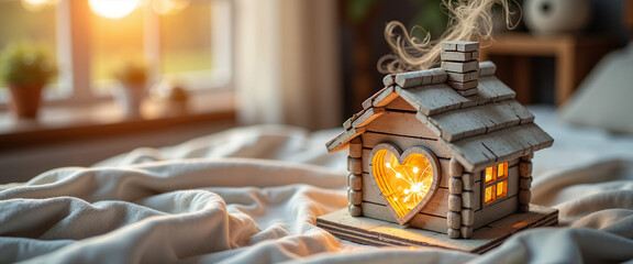 Lantern shaped like a home with glowing heart on soft bedding  