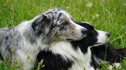 Fototapeta premium A beautiful blue merle dog resting its head affectionately on a black and white border collie in a tall summer meadow.