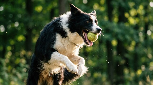 Energetic black and white border collie dog catches a yellow tennis ball mid-air in a sunny green park