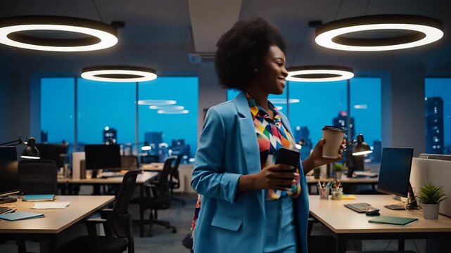 Empty office workspace at night. Modern coworking layout for corporate and startup. Rows of desk with monitor and chair. Windows show cityview skyline. Quiet professional technology atmosphere urban.