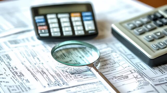 Tax return season. A closeup shot of a calculator and a magnifying glass on top of a tax form. The calculator is on the right side of the frame.
