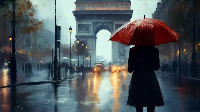 Paris, France, Europe. A vivid portrayal of a rainy Parisian street scene, with the Arc de Triomphe prominently displayed in the background. The scene is bathed in a moody, atmospheric light.