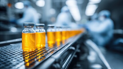 Pharmaceutical vials containing amber liquid move along an automated production line attended by uniformed personnel