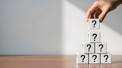 Solving uncertainty and finding answers in business. Question mark problem solving and decision making. Hand placing a wooden block with a question mark on top of a pyramid