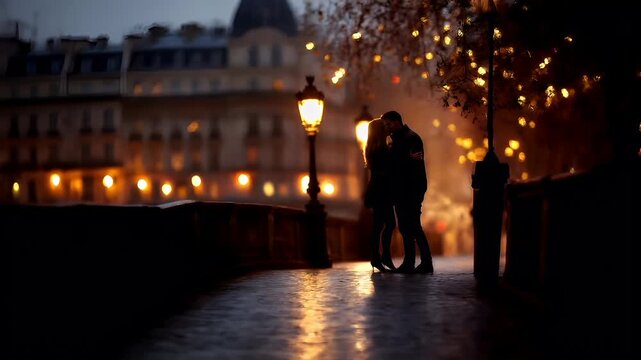 Paris, France, Europe. A silhouette of a couple in a romantic pose against a backdrop of a cityscape during twilight. The scene is illuminated by the warm glow of street lamps and city lights.