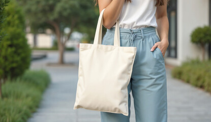 Young girl carried a cotton tote bag while outdoors.