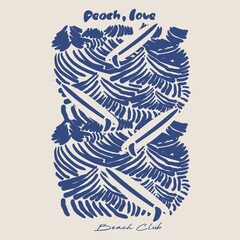 Adobe Illustrator Artwork, Tropical Surfing beach graphic in vector. peach, love and surf slogan. summer vector. vintage tee shirt design. girl's t-shirt design