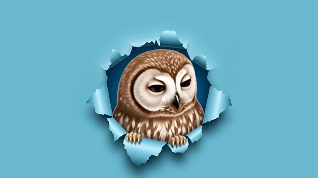 Adorable Owl Peeking Through A Hole on Blue Screen