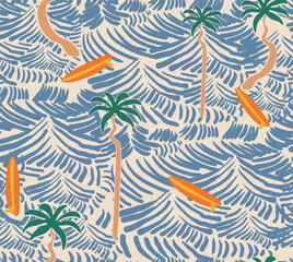 Waves Seamless Pattern Design. safari Hawaii shirt print design. surfboard palm tree and big waves together shirt design. summer fabric pattern. perfect for tee  shirt dress for men's, girl's.