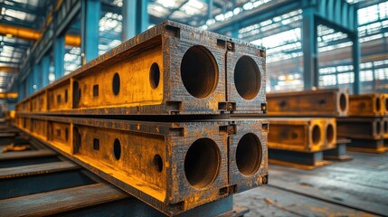 Industrial steel beams in a warehouse, showcasing texture and structure for construction site and engineering themes, designed for commercial use and architecture.