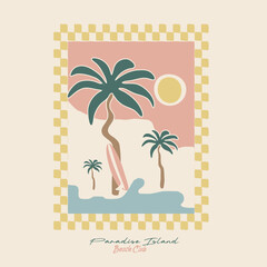 Tropical surf Paradise Island. Palm tree art. Beach Waves with sunshine drawing. Minimal drawing. girl's graphics design. Summer Tee shirt Design. surfing with Surfboard in beach side. graphic tee
