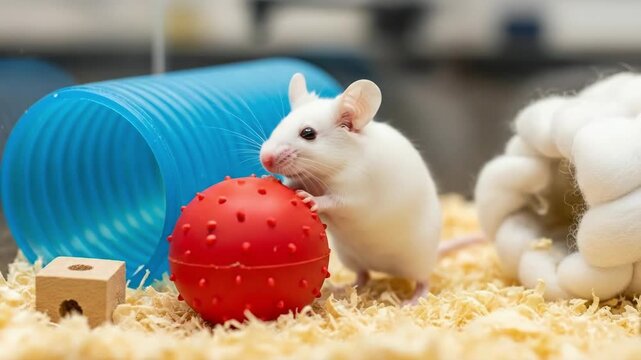 White mouse interacting with a red ball toy in a cage with a blue tunnel and wood shavings, footage