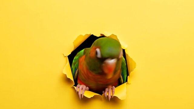 Adorable Parrot Peeking Through Hole on Yellow Background 