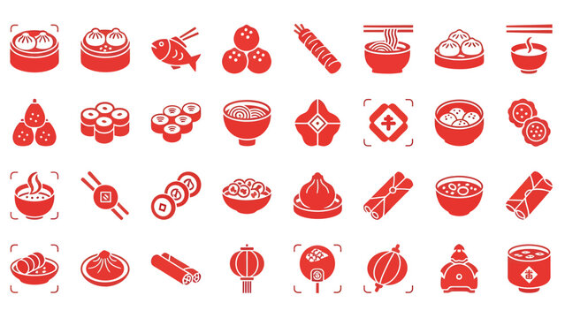 Red Chinese Food and Lunar New Year Icon Set, Traditional Asian Cuisine, Dim Sum, Lanterns, and Chinese Culture Glyphs