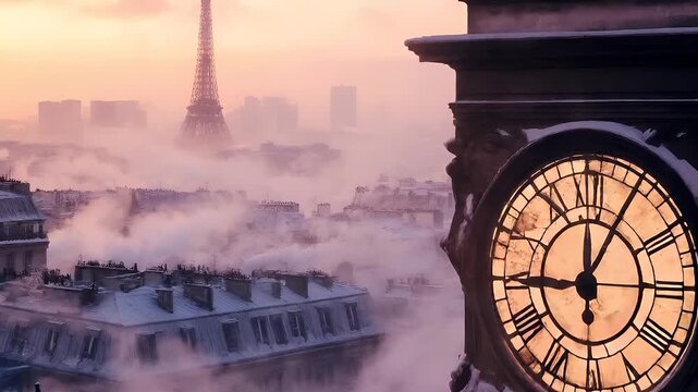 Paris, France, Europe. Aerial view of Paris during sunset with Eiffel Tower amidst mist and snowcovered rooftops, Paris, France. The sky is painted in hues of pink and orange.