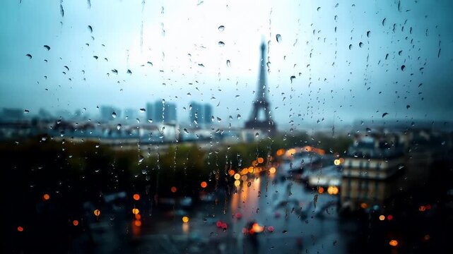 Paris, France, Europe. raindrops on a window pane with a cityscape in the background, including the Eiffel Tower and the Seine River. The scene is captured during the evening.
