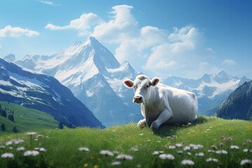 White cow lies on a sunny mountain pasture overlooking snowy alps