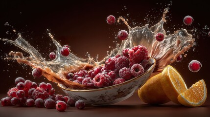 Raspberries and cranberries with citrus splash and bowl