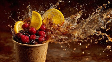 Refreshing beverage splash with fruit slices and berries