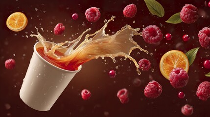 Refreshing beverage splash with fruits and cup