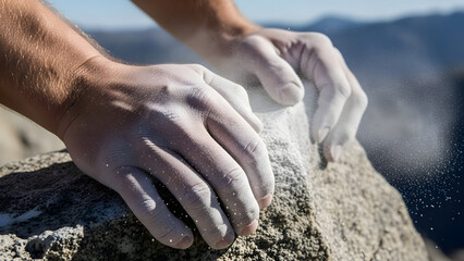 Strong hands covered in chalk firmly gripping granite rock outdoors
