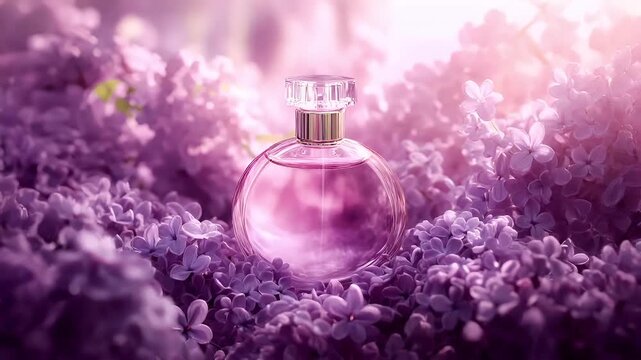 A closeup of a perfume bottle surrounded by lilac flowers. The bottle is transparent with a pinkish hue, and the surrounding flowers are a soft purple and white. The background is blurred.