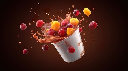 Splash of fruit and beverage from white cup on brown background