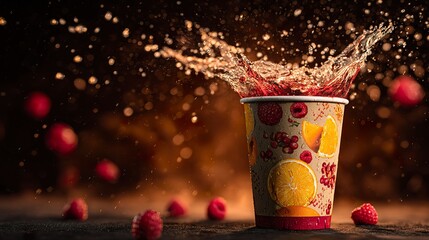 Splash of fruit juice bursting from a decorated cup