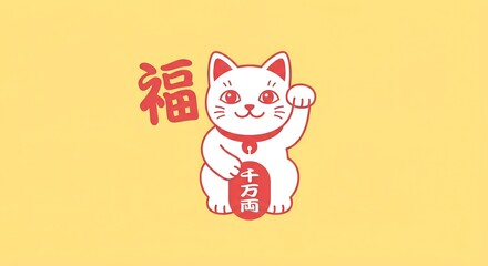 Fototapeta premium Japanese maneki-neko lucky cat illustration with kanji for fortune on a minimalist yellow background; a charming 2D vector graphic representing prosperity, good luck, wealth, and success