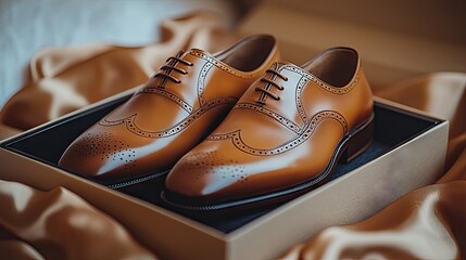 Elegant brown leather shoes placed in a luxurious box on silk fabric, showcasing fine craftsmanship and classic design, perfect for formal events or occasions