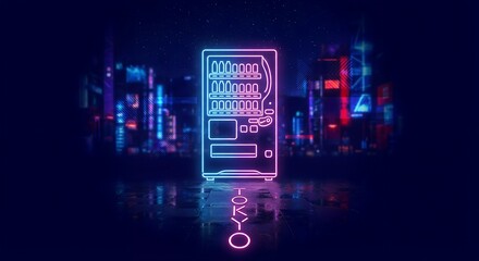 Neon glowing vending machine in a futuristic cyberpunk Tokyo night city background; a minimalist 3D illustration representing Japanese urban nightlife, technology, and modern metropolitan vibe