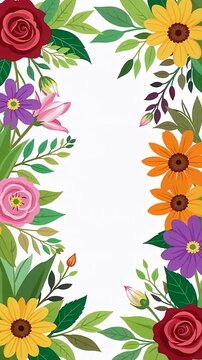 Vibrant floral border frame with colorful blossoms and greenery.