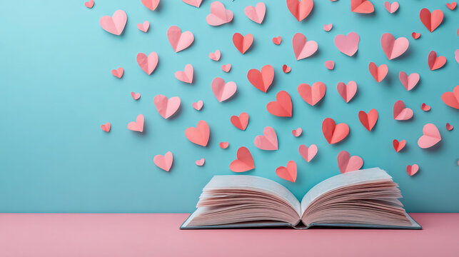 Valentine paper heart shapes float above open book on pastel blue and pink background creating romantic and creative valentine atmosphere perfect for love and reading themes