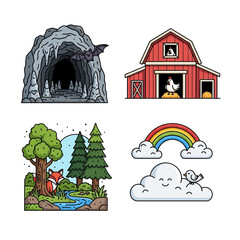 Fototapeta premium Four cartoon illustrations depicting diverse natural and rural scenes including a cave, barn, forest, and rainbow with animals.