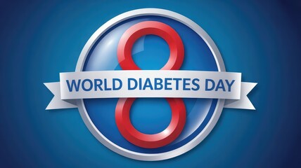Commemorative design graphic featuring a bold red infinity symbol and a ribbon banner celebrating world diabetes day awareness on blue background