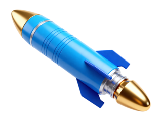 Sleek Blue Sci-Fi Rocket Ship with Golden Nose Cone Isolated on Transparent Background