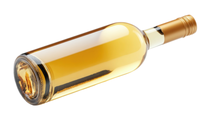 A clear glass bottle, filled with golden liquid, lies angled against a black background