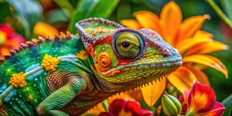 Obraz premium Vibrant Chameleon Among a Tapestry of Vivid Blossoms, a Close-Up Portrait of Nature's Masterpiece