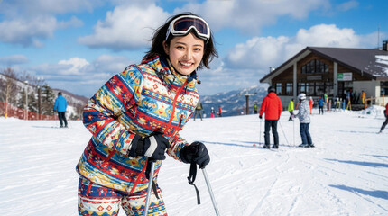 ゲレンデに立ちスキーを楽しむ女性