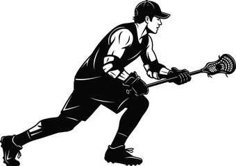 Lacrosse player silhouette in action, aggressive sports athlete with stick, dynamic motion, black vector illustration