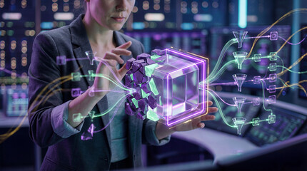 woman in business suit interacting with virtual cube and data flow chart